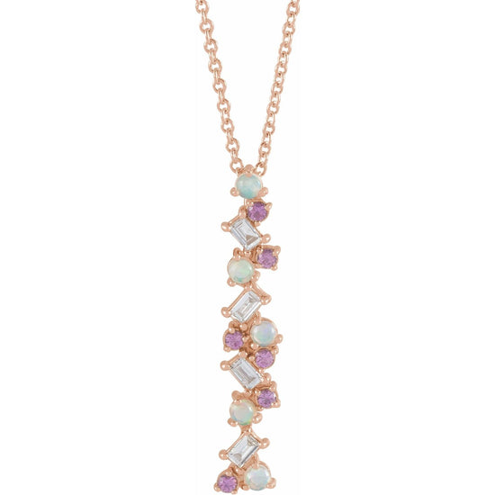 Blue Rubi Opals, Pink Sapphires + Diamond Scattered Bar Necklace